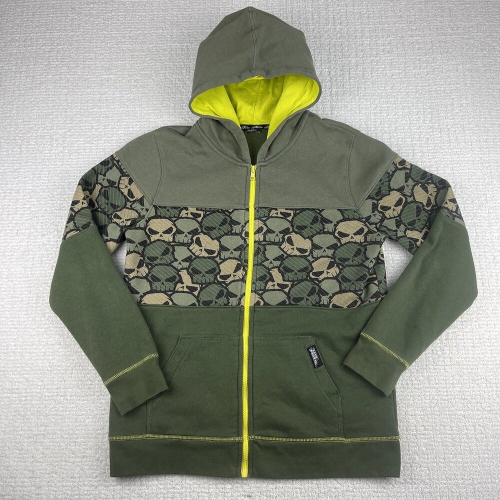 Vintage No Fear Y2K Hoodie Mens Skull Goth Graphic Full Zip Green (Read)